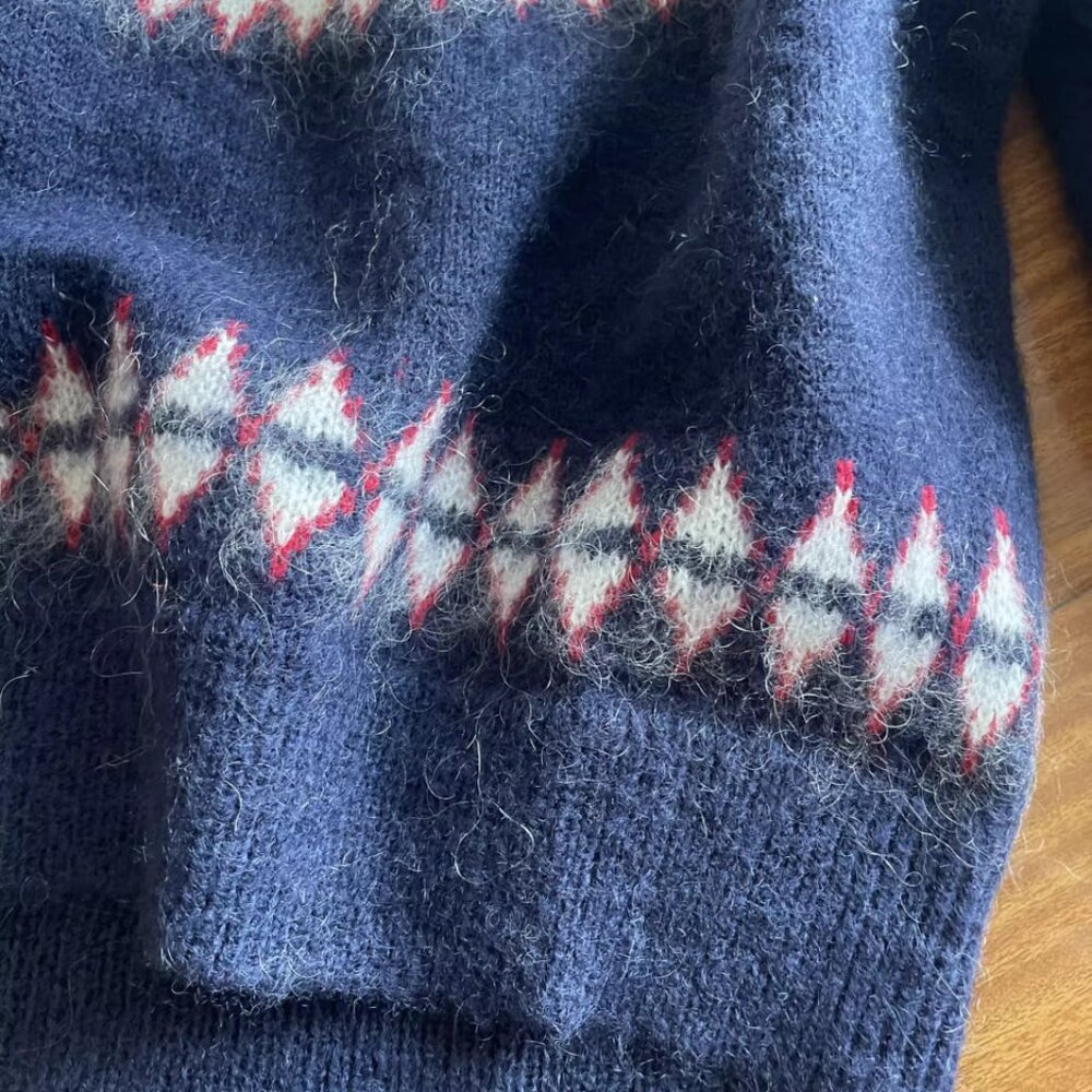 Doen Harvest Mohair Wool Cashmere Knit Print Sweater Top Navy Oslo Fair Isle L - Picture 7 of 8